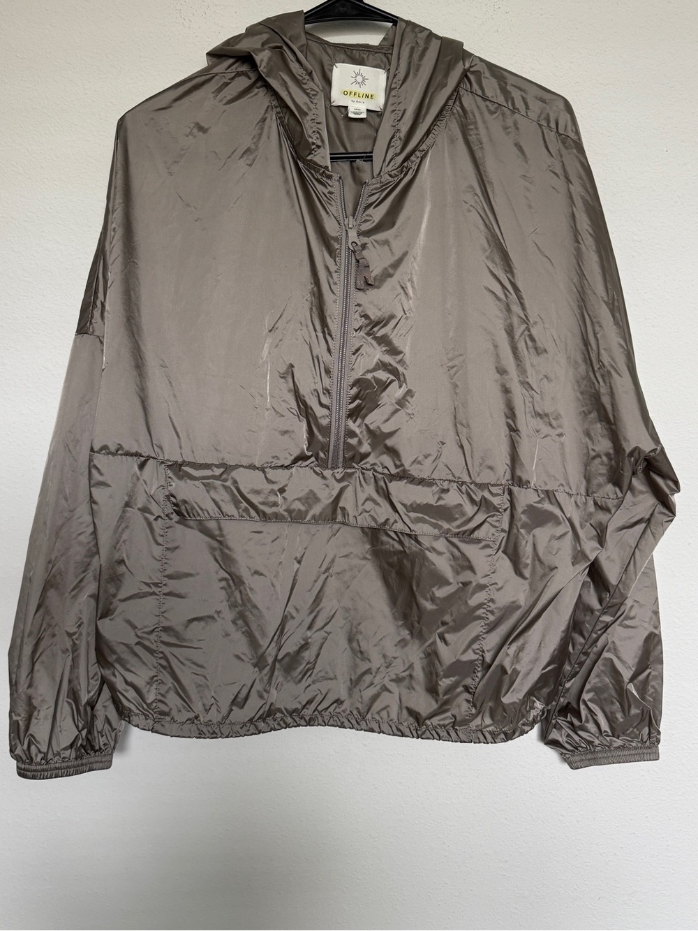 aerie OFFLINE Lightweight Hooded Windbreaker in Taupe
